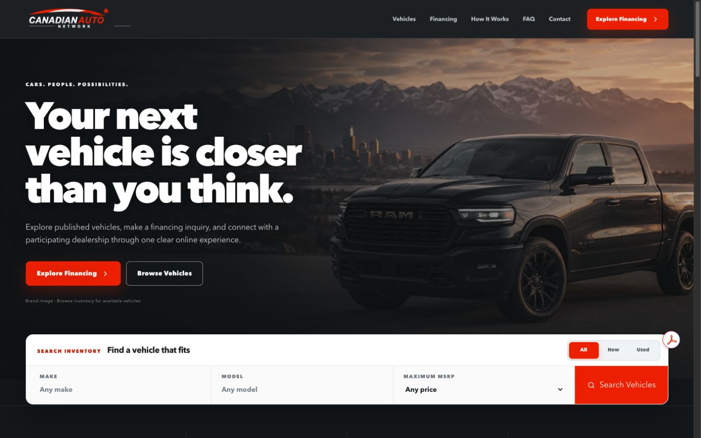 Canadian Auto Network vehicle marketplace homepage